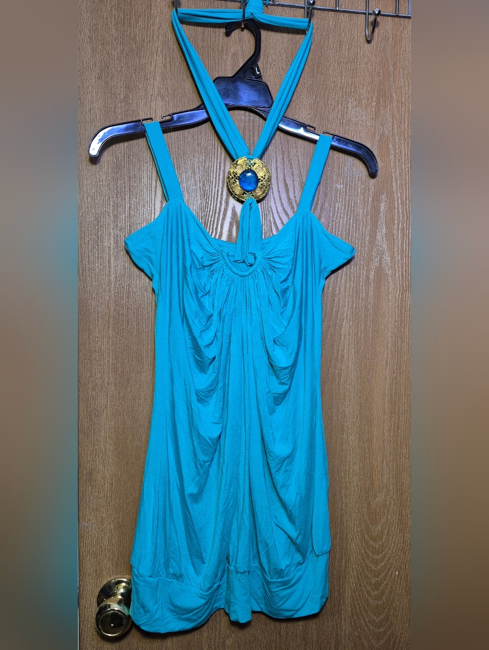 Vintage-Style Hallhuber  Turquoise Halter Soft Top With The Beaded Necklace 1X